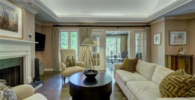 470 Ansley Walk Ter NE, Atlanta, GA 30309 - living room with a raised ceiling, plenty of natural light, ornamental molding, wood finished floors, and a fireplace with raised hearth