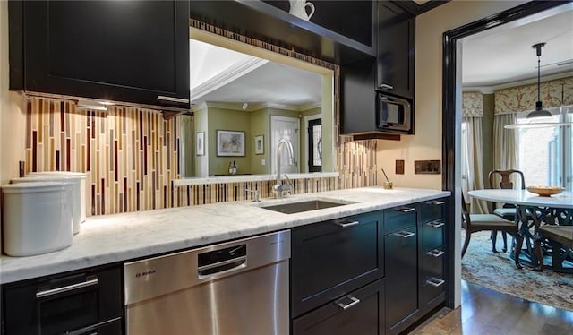 470 Ansley Walk Ter NE, Atlanta, GA 30309 - kitchen featuring dishwasher, crown molding, decorative backsplash, light stone countertops, and dark wood finished floors