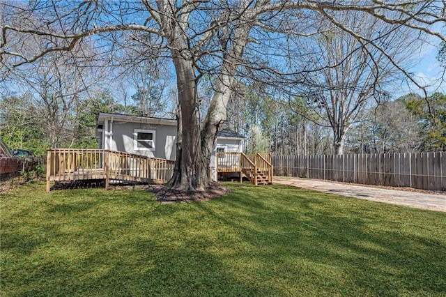 view of yard featuring fence and a wooden deck