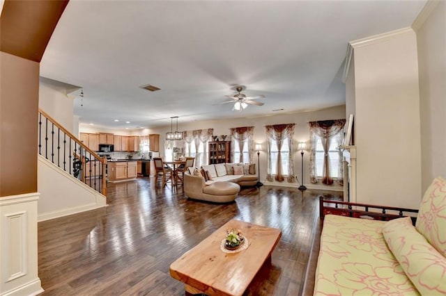 2837 Peachstone Ct, Lawrenceville, GA 30043 - living area featuring a ceiling fan, dark wood-style floors, and stairs