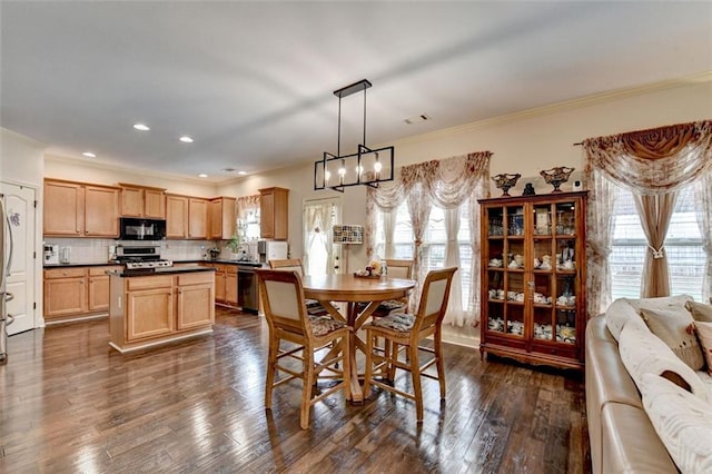 2837 Peachstone Ct, Lawrenceville, GA 30043 - dining room with crown molding, plenty of natural light, a chandelier, dark wood-type flooring, and recessed lighting