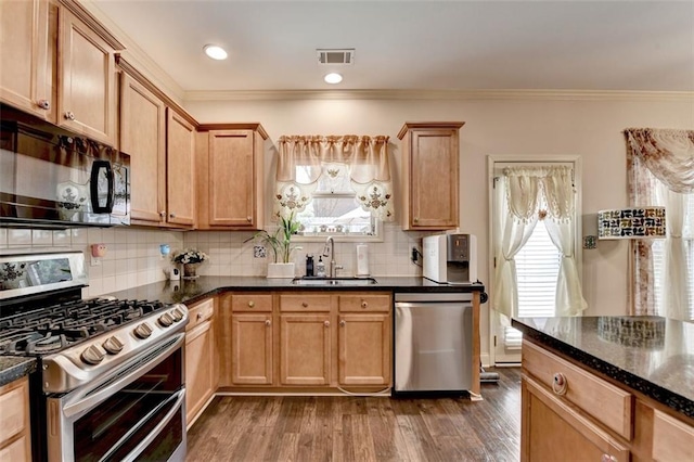 2837 Peachstone Ct, Lawrenceville, GA 30043 - kitchen with stainless steel appliances, a sink, ornamental molding, dark wood-style flooring, and decorative backsplash