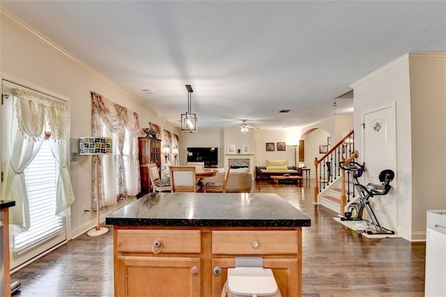 2837 Peachstone Ct, Lawrenceville, GA 30043 - kitchen featuring a ceiling fan, arched walkways, a fireplace, dark wood finished floors, and baseboards