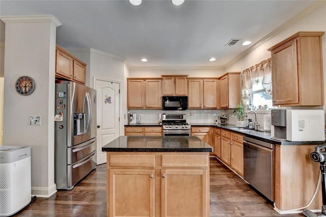 2837 Peachstone Ct, Lawrenceville, GA 30043 - kitchen featuring stainless steel appliances, a sink, ornamental molding, dark wood-style floors, and backsplash