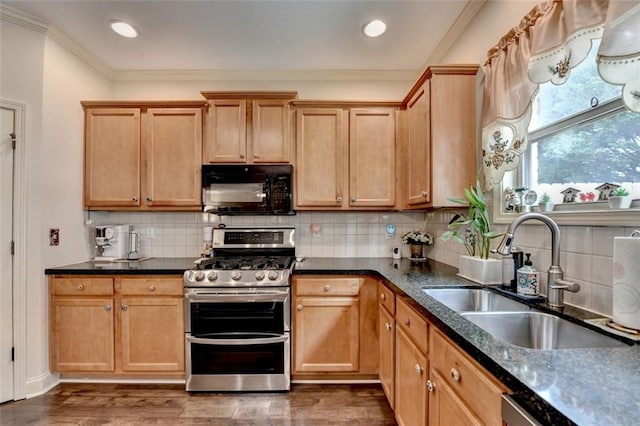 2837 Peachstone Ct, Lawrenceville, GA 30043 - kitchen featuring appliances with stainless steel finishes, a sink, dark wood finished floors, ornamental molding, and tasteful backsplash