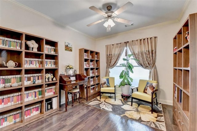 2837 Peachstone Ct, Lawrenceville, GA 30043 - sitting room featuring wood finished floors, a ceiling fan, crown molding, and baseboards