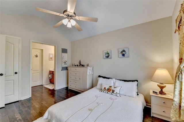 2837 Peachstone Ct, Lawrenceville, GA 30043 - bedroom with vaulted ceiling, wood finished floors, a ceiling fan, connected bathroom, and baseboards