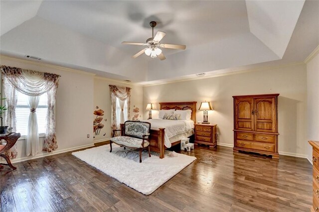 2837 Peachstone Ct, Lawrenceville, GA 30043 - bedroom featuring a raised ceiling, dark wood-type flooring, crown molding, baseboards, and lofted ceiling