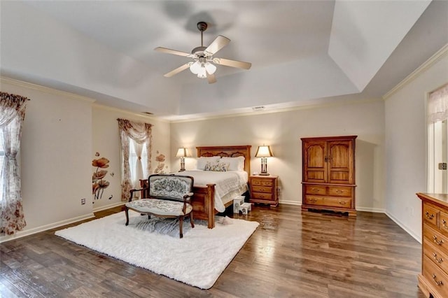2837 Peachstone Ct, Lawrenceville, GA 30043 - bedroom with a tray ceiling, dark wood finished floors, crown molding, baseboards, and ceiling fan
