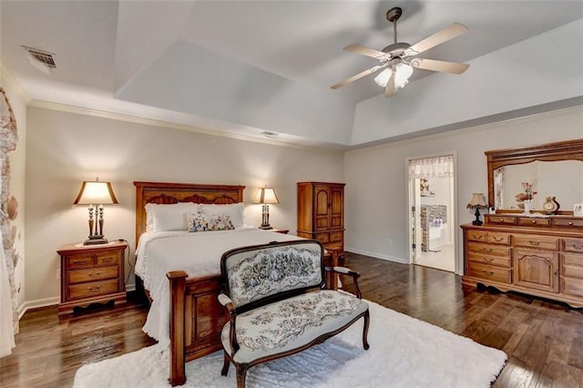 2837 Peachstone Ct, Lawrenceville, GA 30043 - bedroom with wood finished floors, lofted ceiling, a ceiling fan, baseboards, and ornamental molding