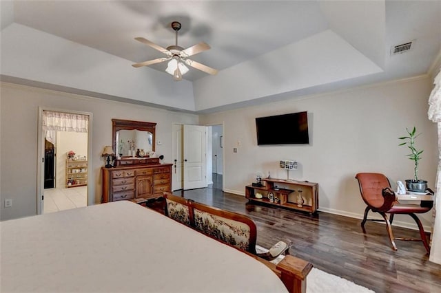 2837 Peachstone Ct, Lawrenceville, GA 30043 - bedroom with wood finished floors, baseboards, lofted ceiling, and a raised ceiling