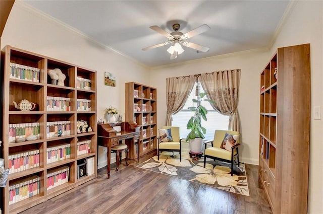 2837 Peachstone Ct, Lawrenceville, GA 30043 - living area with crown molding, wood finished floors, a ceiling fan, and baseboards