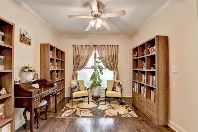 2837 Peachstone Ct, Lawrenceville, GA 30043 - sitting room featuring wood finished floors, ornamental molding, ceiling fan, and baseboards