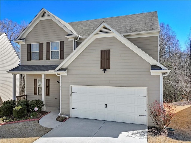 traditional-style home with driveway, covered porch, and a shingled roof