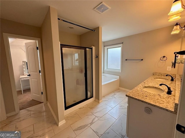 full bathroom with visible vents, a stall shower, a sink, a bath, and marble finish floor