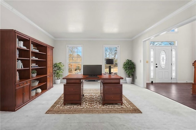 home office with crown molding and carpet floors