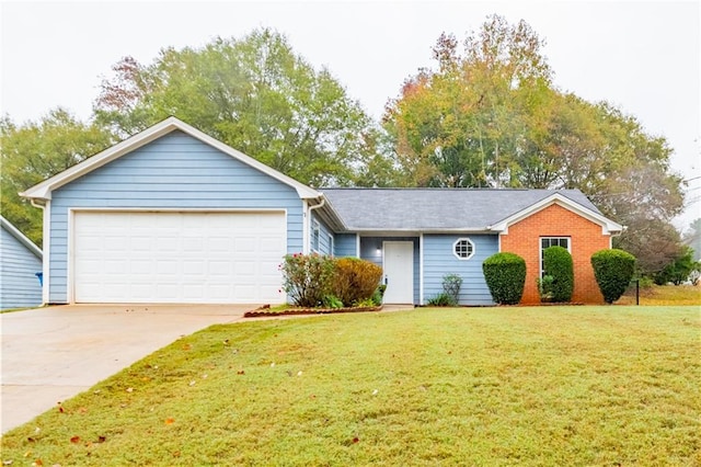 ranch-style home with a garage and a front lawn