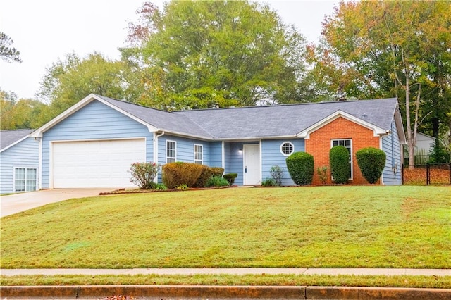 single story home with a garage and a front lawn