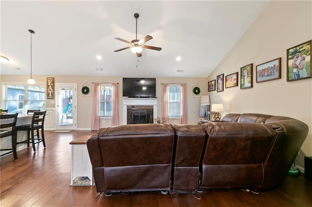 living area featuring lofted ceiling, dark wood-style flooring, a healthy amount of sunlight, and a stone fireplace