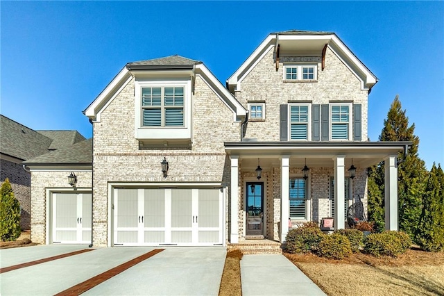 view of front of property featuring covered porch and a garage