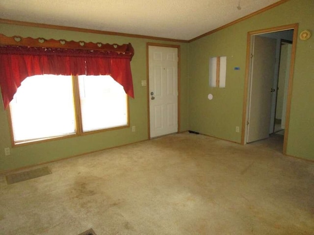 carpeted spare room with a textured ceiling, ornamental molding, a wealth of natural light, and vaulted ceiling