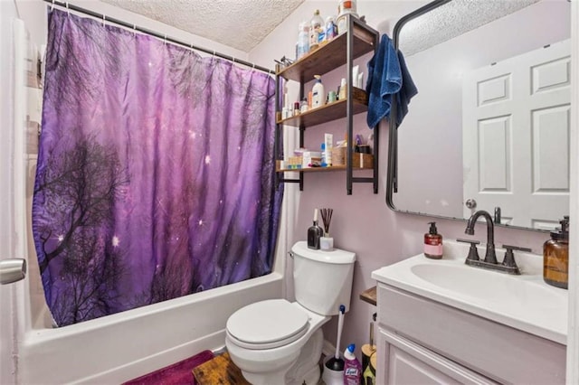 151 Grandma Branch Rd, Grantville, GA 30220 - bathroom featuring a textured ceiling, toilet, vanity, and shower / bathtub combination with curtain