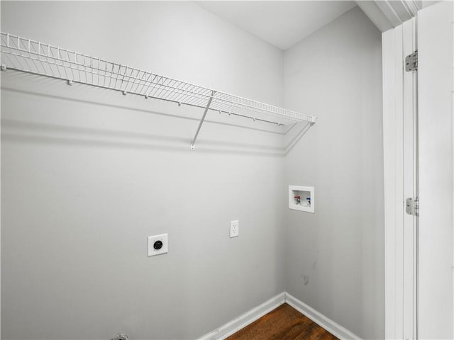 498 Walnut Woods Dr, Braselton, GA 30517 - laundry area featuring electric dryer hookup, washer hookup, dark wood-type flooring, and baseboards