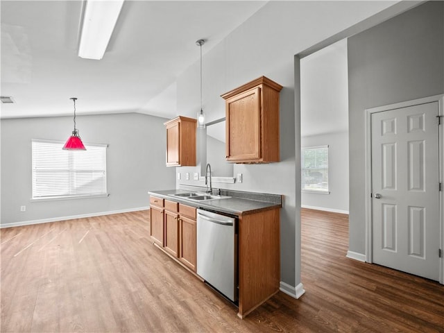 498 Walnut Woods Dr, Braselton, GA 30517 - kitchen with a sink, dishwasher, decorative light fixtures, wood finished floors, and lofted ceiling
