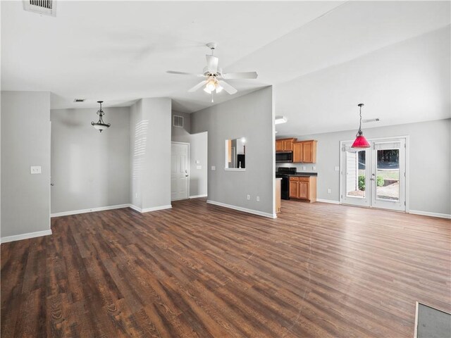 498 Walnut Woods Dr, Braselton, GA 30517 - unfurnished living room featuring a ceiling fan, baseboards, visible vents, and dark wood-type flooring