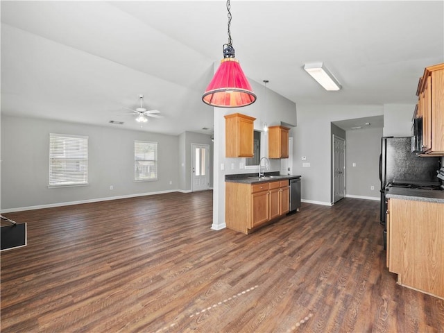 498 Walnut Woods Dr, Braselton, GA 30517 - kitchen featuring stainless steel dishwasher, baseboards, ceiling fan, dark wood-style floors, and a sink