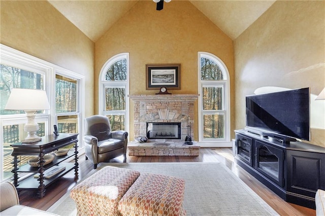 living room featuring high vaulted ceiling, a stone fireplace, and light hardwood / wood-style floors