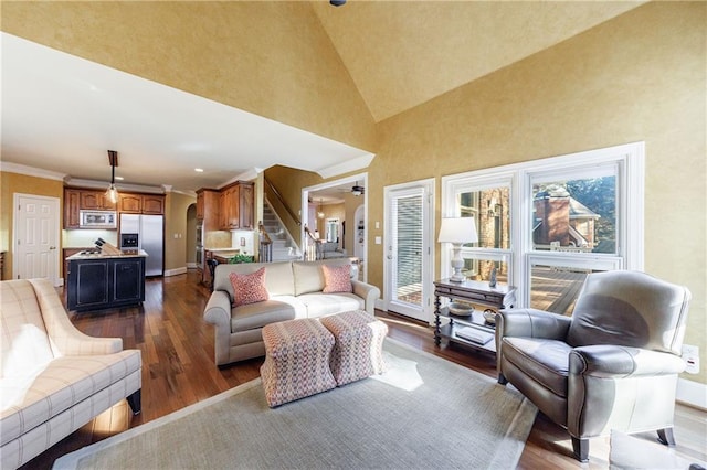 living room with crown molding, high vaulted ceiling, ceiling fan, and dark hardwood / wood-style flooring