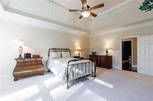 bedroom with ornamental molding, coffered ceiling, light colored carpet, and ceiling fan