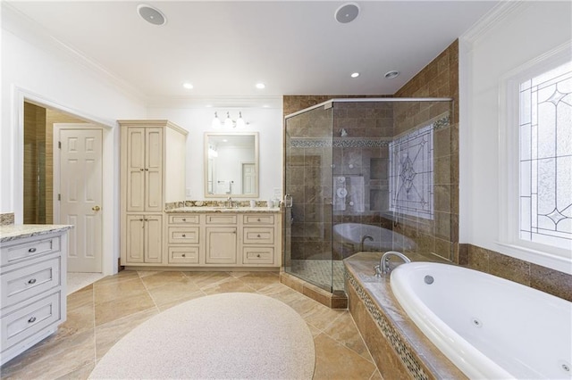 bathroom featuring independent shower and bath, vanity, and crown molding