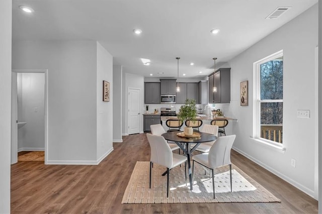 dining area with hardwood / wood-style flooring and sink