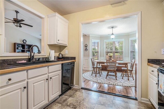 287 Jeremy Dr, Colbert, GA 30628 - kitchen with black dishwasher, a sink, a ceiling fan, white cabinets, and dark countertops