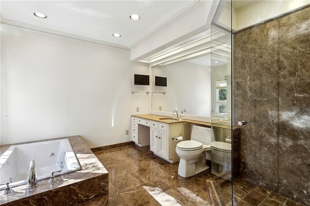 full bathroom with vanity, separate shower and tub, toilet, and ornamental molding