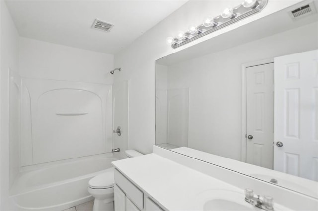 full bath featuring bathing tub / shower combination, vanity, toilet, and visible vents