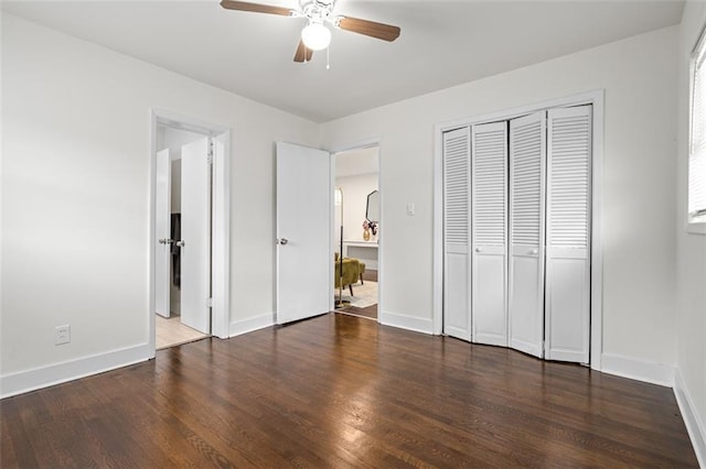 1437 Vesta Ave, East Point, GA 30344 - unfurnished bedroom with wood finished floors, baseboards, a closet, and a ceiling fan