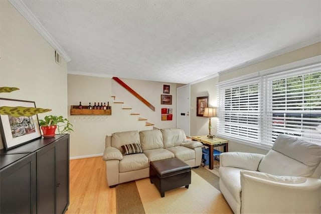 living room featuring ornamental molding, light hardwood / wood-style floors, and a textured ceiling