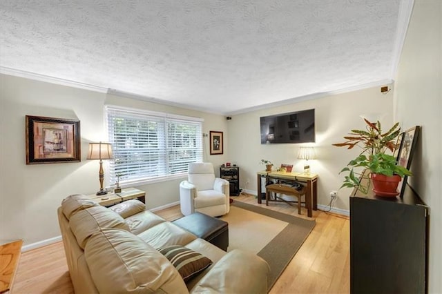 living room featuring crown molding, a textured ceiling, and light wood-type flooring