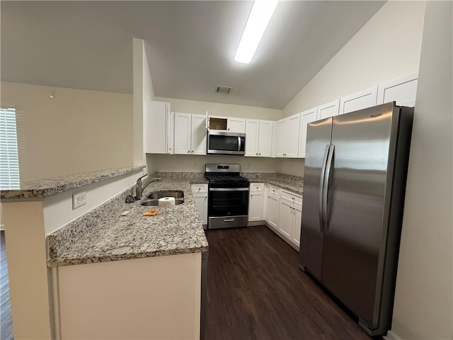 kitchen with stainless steel appliances, a sink, vaulted ceiling, dark wood-style floors, and light stone countertops