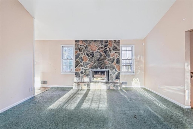 unfurnished living room with baseboards, carpet flooring, and visible vents