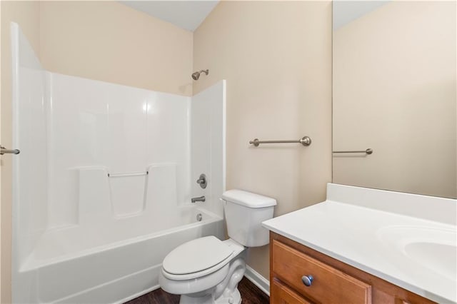 full bathroom with shower / bath combination, vanity, toilet, and wood finished floors