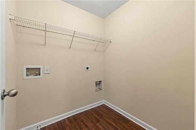 washroom featuring washer hookup, dark wood-style flooring, hookup for an electric dryer, laundry area, and baseboards