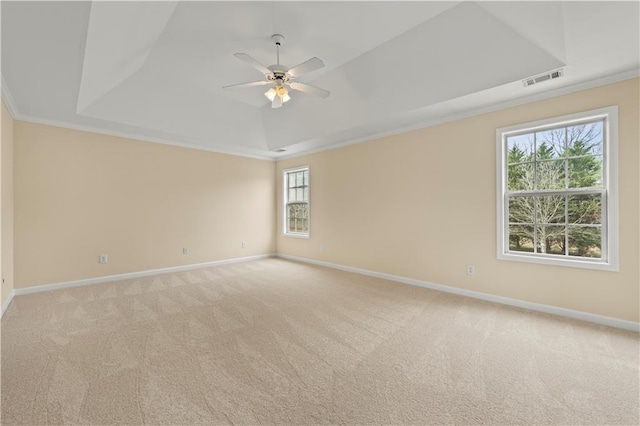 unfurnished room with baseboards, a raised ceiling, and light colored carpet