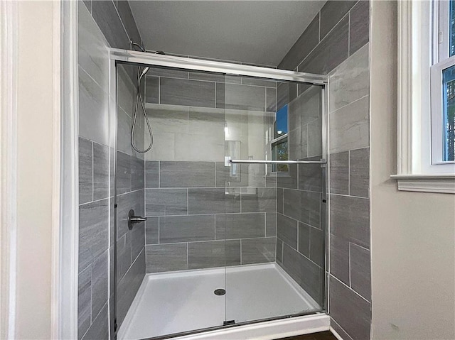 bathroom featuring a shower with door