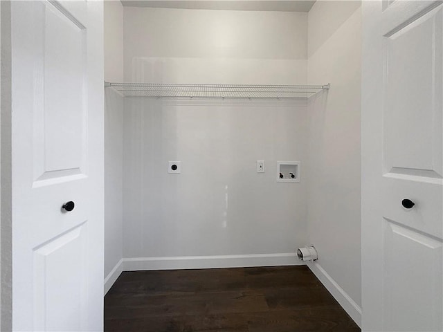 clothes washing area with dark hardwood / wood-style floors, electric dryer hookup, and hookup for a washing machine