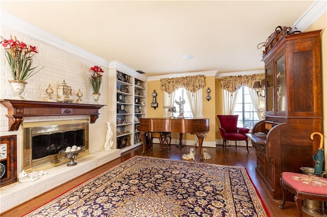 living area featuring a fireplace, visible vents, baseboards, ornamental molding, and dark wood-style floors