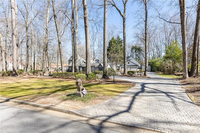 view of home's community featuring decorative driveway and a yard